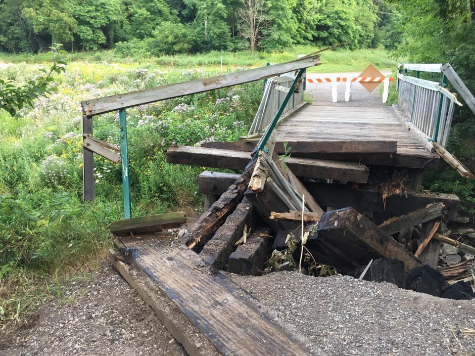 The damaged trestle bridge over Konkapot Creek. Photo by Karen Vangsness Trom‎ 