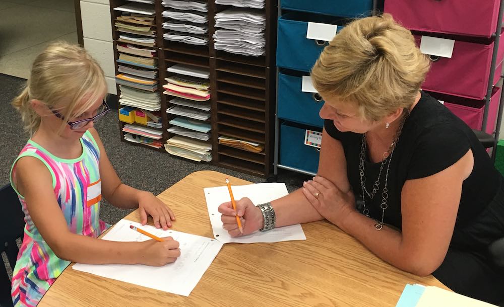  Haen First Grade Teacher Kelly Giordana works with incoming first grade student Lauren Gustman during the school's First Grade Transition Day event. KSD photo.