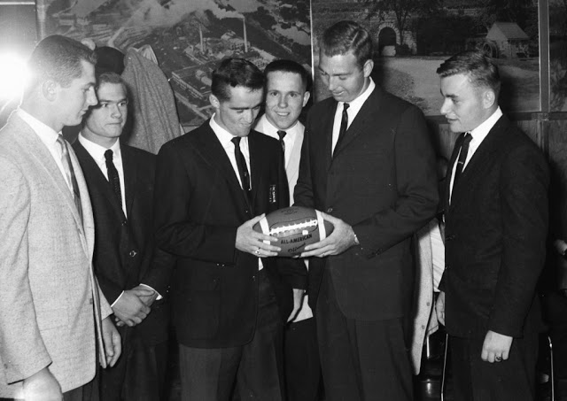 Left to right includes KHS fullback, Bob Wurdinger, halfback Bruce “Bucky” Bay, quarterback Ken Kavanaugh, half back Fred Steger, Bart Starr and guard Pete Bachhuber extra point booting specialist. (Times Photo)