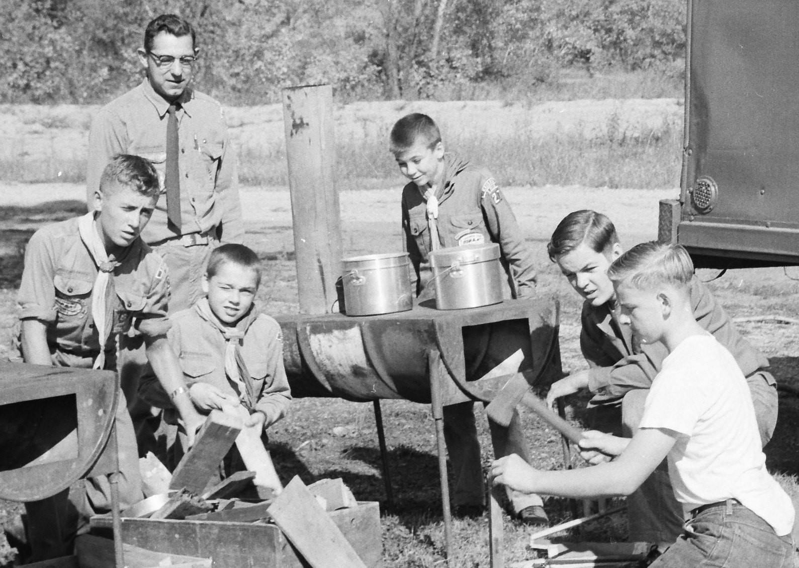 November 1960 - Camporees Field Days – Boy Scout Troop 27 sponsored by St. Mary’s activities this fall. Left to right the group includes Bill Niesen, assistant leader Howard Veldman, Dan Nagan, Dennis Kern, Bob Steffens and Roger Mets.