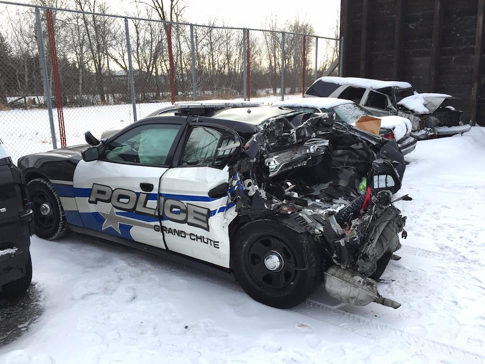An unoccupied Grand Chute Police Department squad was struck Jan. 14, 2017. Grand Chute Police Department photo.