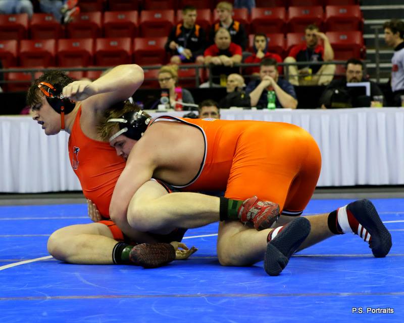 Kaukauna's Keaton Kluever in the 2017 WIAA state championship wrestling tournament. Paul Stumpf photo.