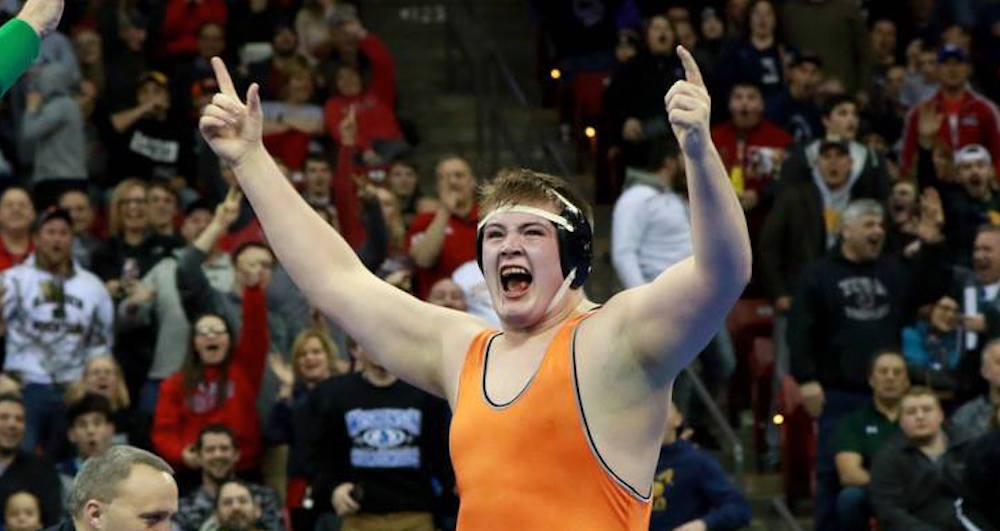 Kaukauna's Keaton Kluever celebrates his 2017 WIAA Division 1 285 pound win. Paul Stumpf photo.