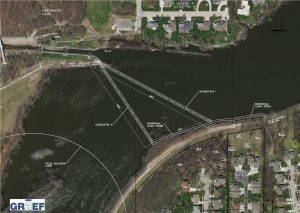 Two routes identified by a consultant for a proposed boardwalk over the Fox River between Kaukauna and Little Chute.