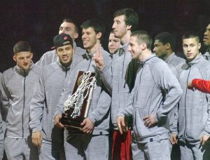 Zak Showalter, left, and Ben Brust, front right, shown here with the UW Bagers 2015 final four team, are expected to make an appearance at the the 2017 Holy Cross Men's Open basketball tournament. Dan Plutchak photo