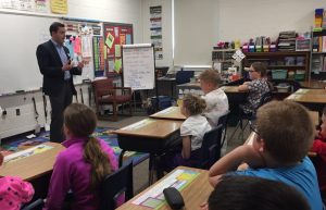 Rep. Mike Gallagher speaks with Mrs. Plutchak's fourth grade class at Electa Quinney Elementary School in Kaukauna. Carrie Forster photo.