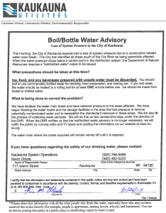 Water advisory, Kaukauna Utilities, June 26, 2017