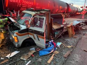 No one was injured, but a camper was demolished, when a train plowed into the stalled vehicle near Appleton.