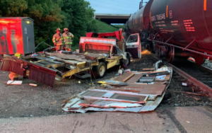 No one was injured, but a camper was demolished, when a train plowed into the stalled vehicle near Appleton.
