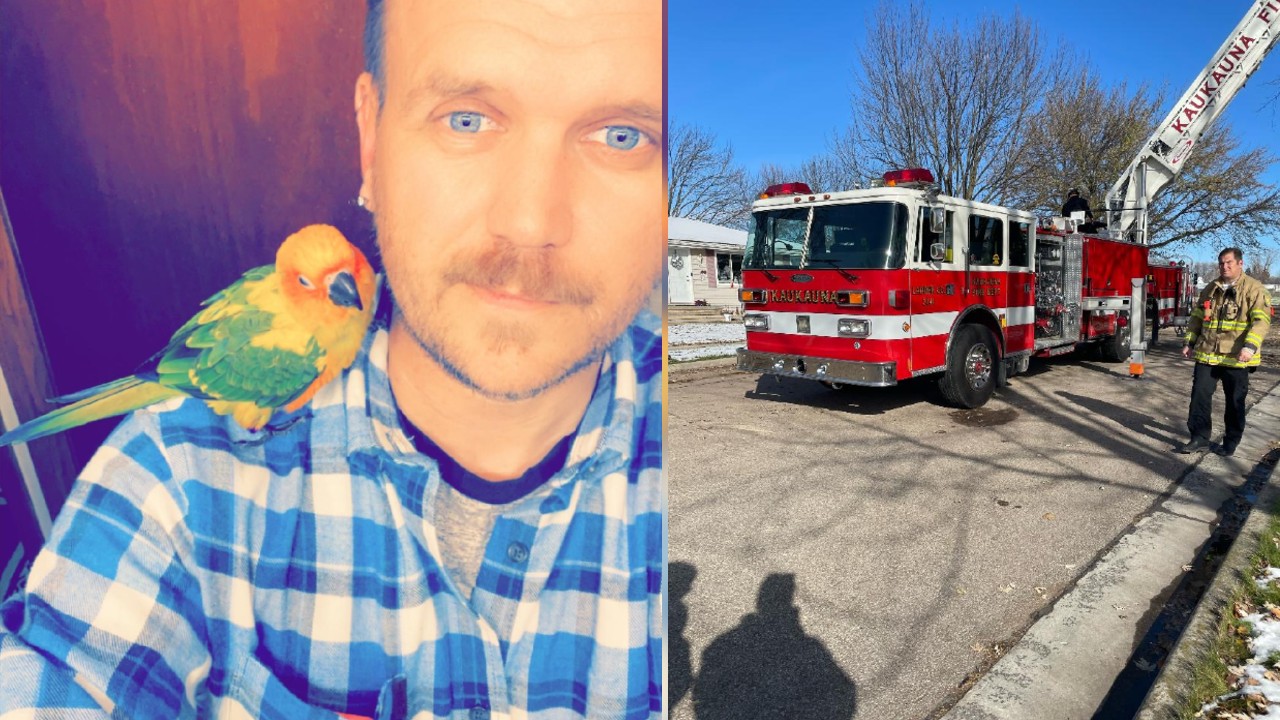 Ken Hurst with his pet bird that was rescued by the Kaukauna Fire Department