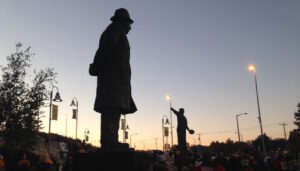 Statues of Curly Lambeau and Vince Lombardi outside of Lambeau Field, home of the Green Bay Packers. Dan Plutchak photo.