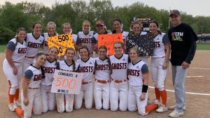 The defending state champion Kaukauna softball team notched its 71st win in a row, and Head Coach Tim Roehrig won his 500th career game. Kaukauna Ghosts photo