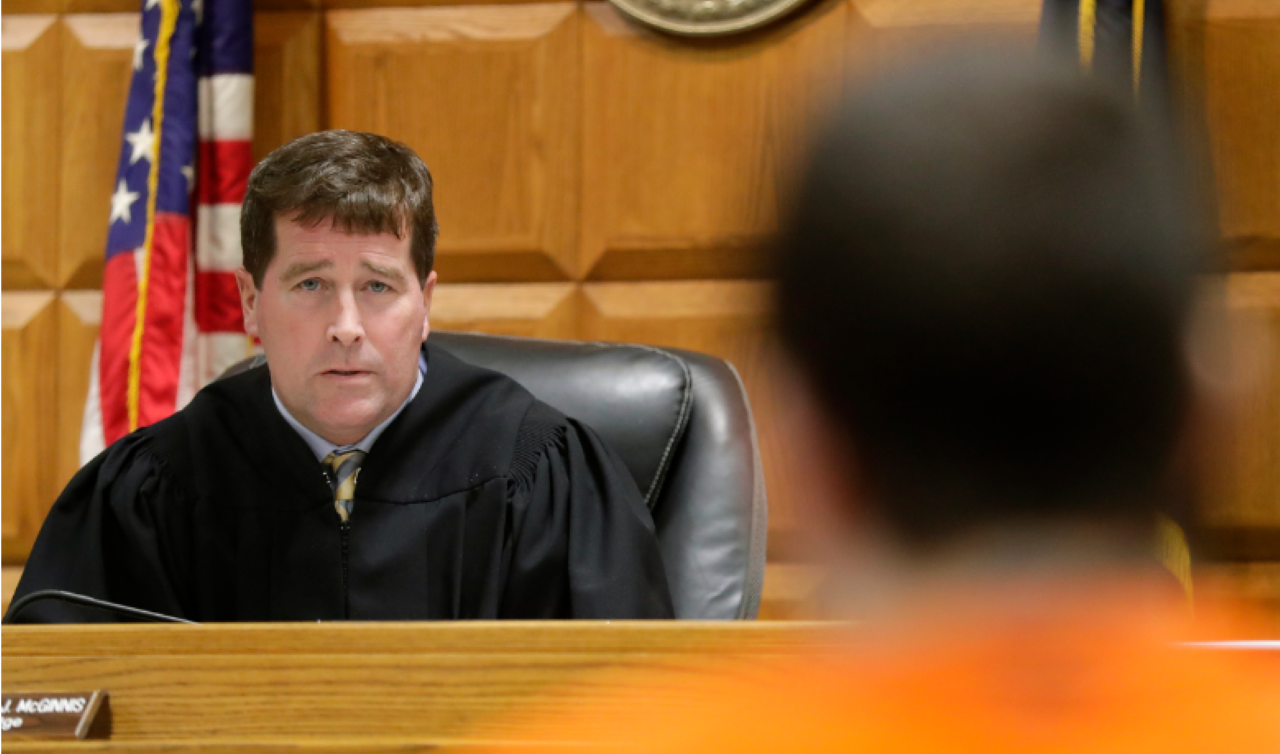 Judge Mark McGinnis has come under investigation after he jailed a man over a contract dispute with a courthouse employee. He is pictured on Dec. 13, 2022, in Outagamie County Circuit Court in Appleton, Wis. (William Glasheen / USA TODAY NETWORK-Wisconsin)