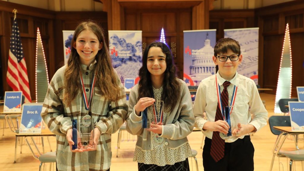 Audrie B., Raluca M., and Brayden S. were named the top three finalists of the Chamber's Civics Bee competition.