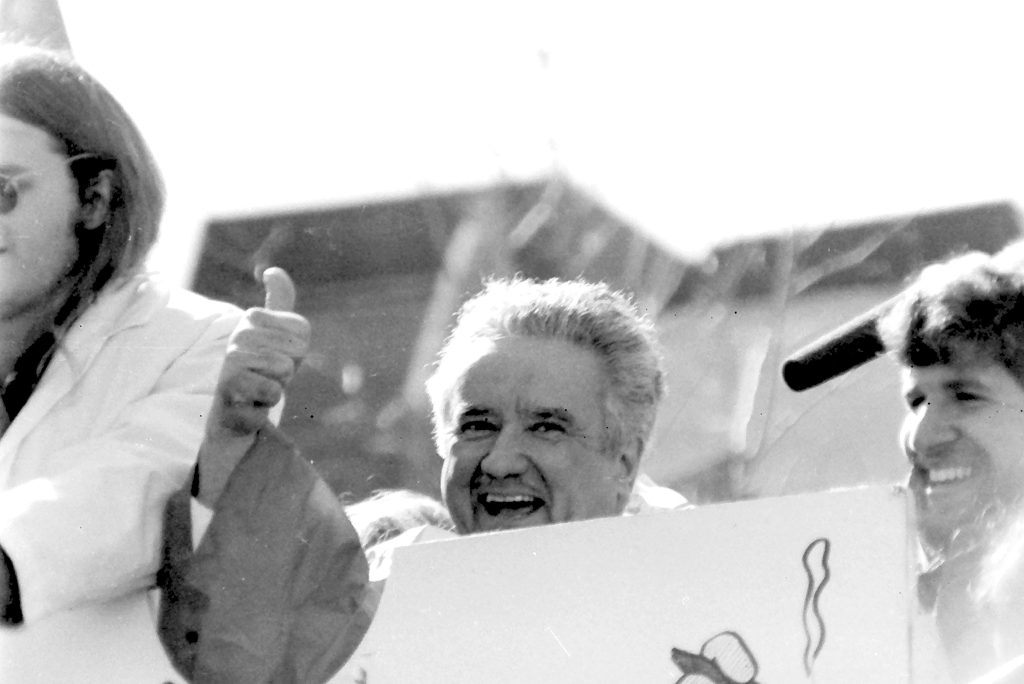 Student government vice president Jim Mallon with Wisconsin Gov. Lee Dreyfus as the governor is about to get a pie in the face during a fundraiser April 6, 1979 on campus.