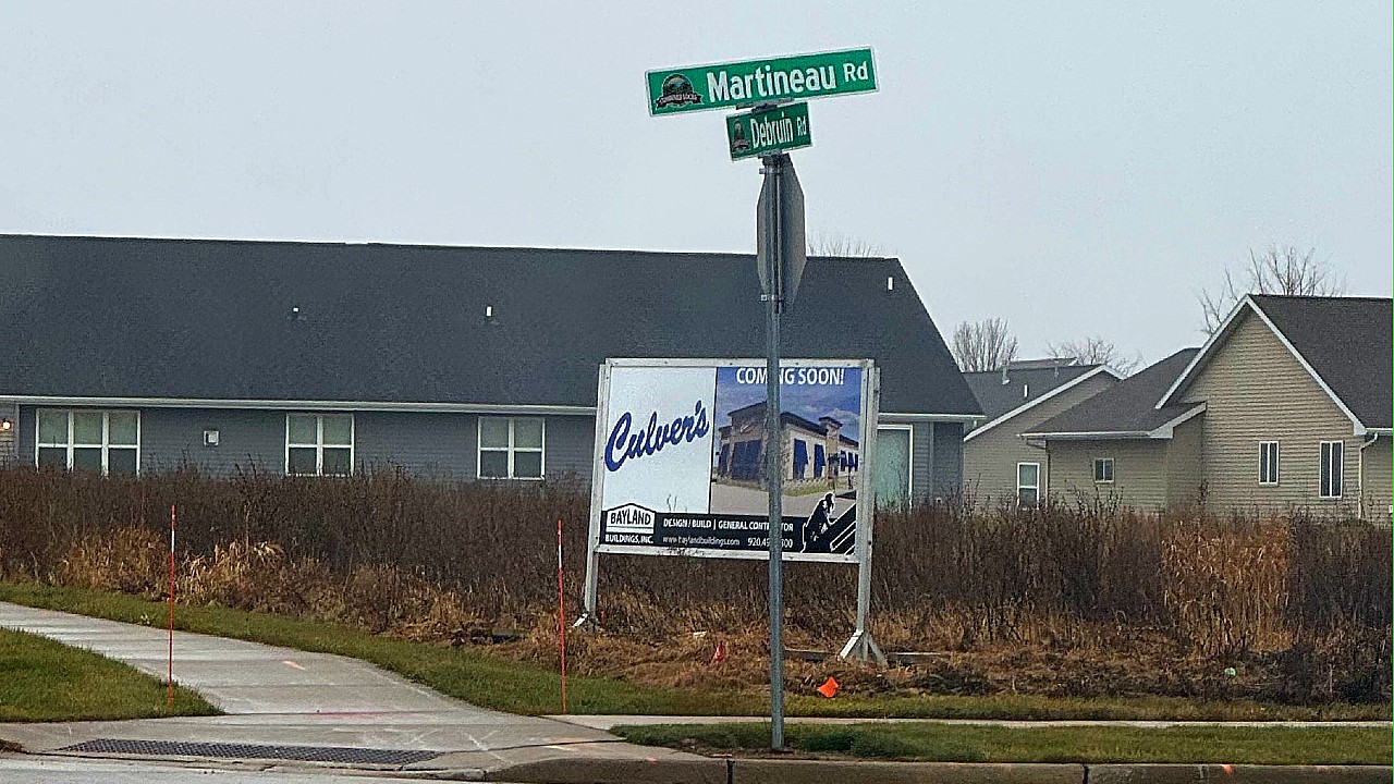 A sign that recently went up near the busy Highway CE and DeBruin roundabout for a news Culver's restaurant in the town of Buchanan.