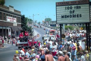 A sign in from the the high school read, "100 Years of Memories" while Kaukauna's centennial parade passed by in 1985. Dan Plutchak photo