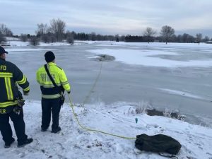 Firefighters rescue pet dog from icy pond